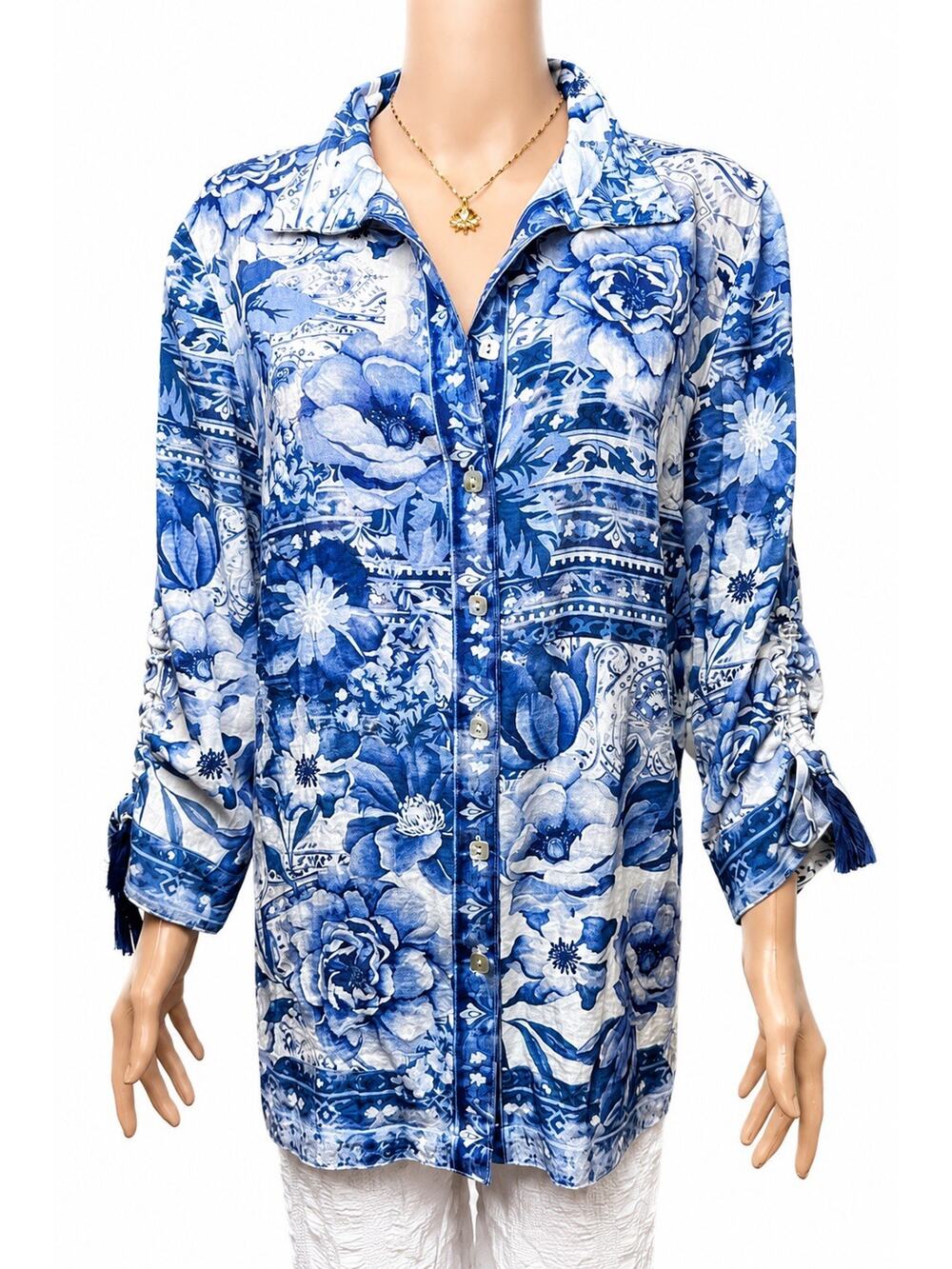 John Mark Womens M Blue Floral Paisley Tunic Blouse Roll Tab Sleeve Tassel Top